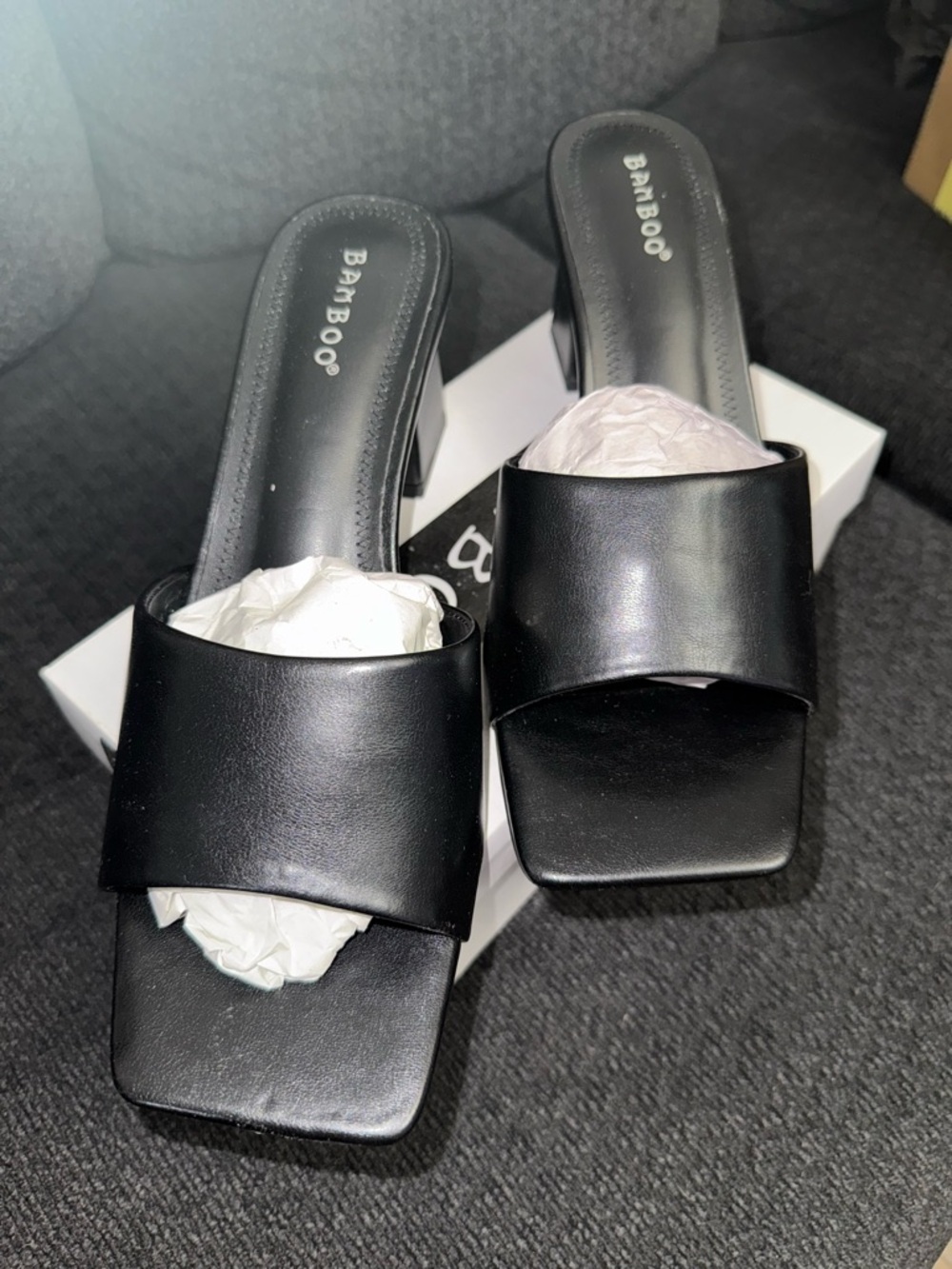 BAMBOO Black Square-Toe Block Heel Slide Mule